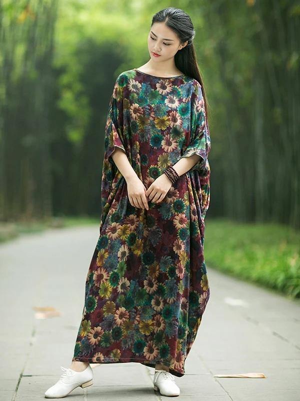 French Cotton Long Shirts Slash Neck Batwing Sleeve Maxi Dress