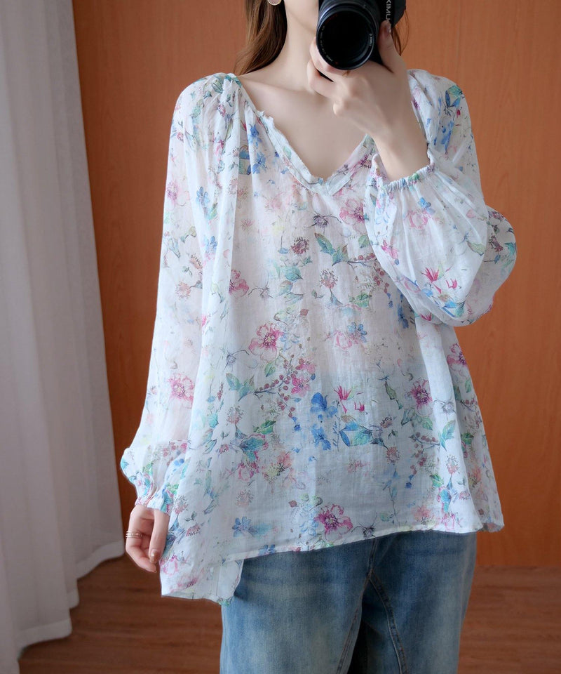 French Shirts V Neck Baggy Midi Blouse
