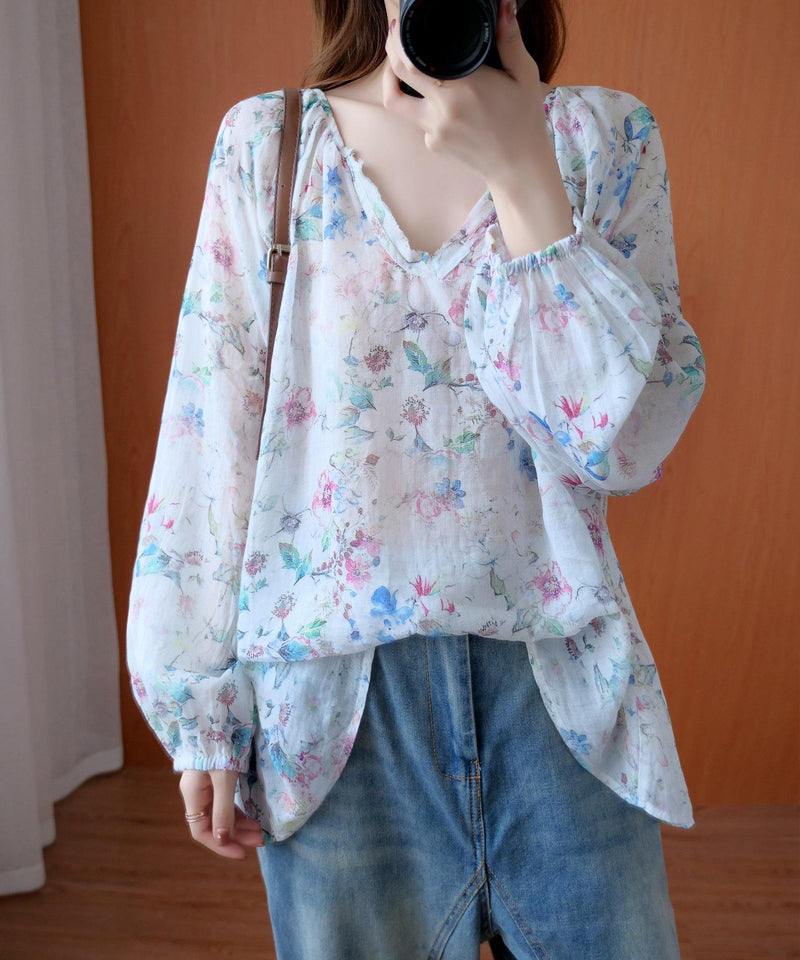 French Shirts V Neck Baggy Midi Blouse