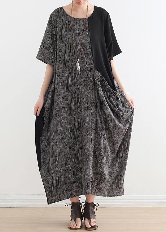 French Gray Chiffon Robes O Neck Patchwork Dresses
