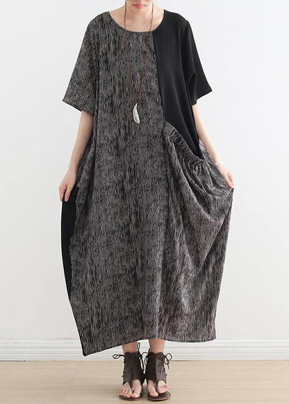 French Gray Chiffon Robes O Neck Patchwork Dresses