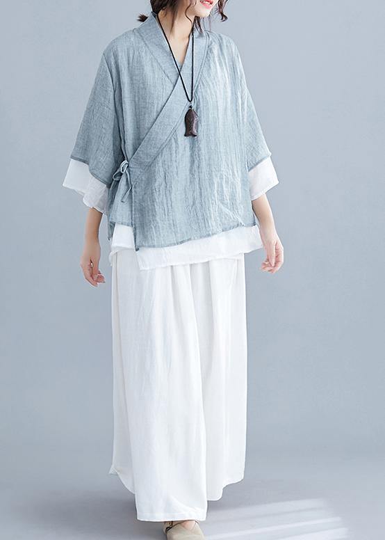 French Gray Cotton Tunic Pattern V Neck Half Sleeve Summer Shirts