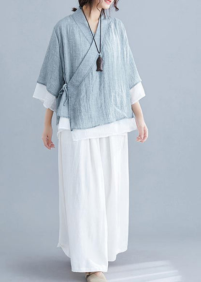 French Gray Cotton Tunic Pattern V Neck Half Sleeve Summer Shirts