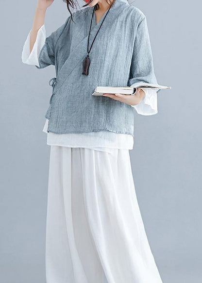 French Gray Cotton Tunic Pattern V Neck Half Sleeve Summer Shirts