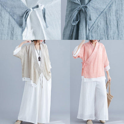 French Gray Cotton Tunic Pattern V Neck Half Sleeve Summer Shirts