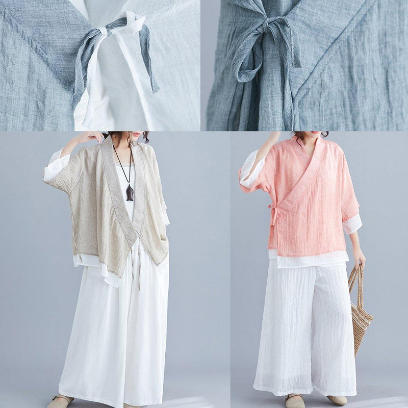 French Gray Cotton Tunic Pattern V Neck Half Sleeve Summer Shirts