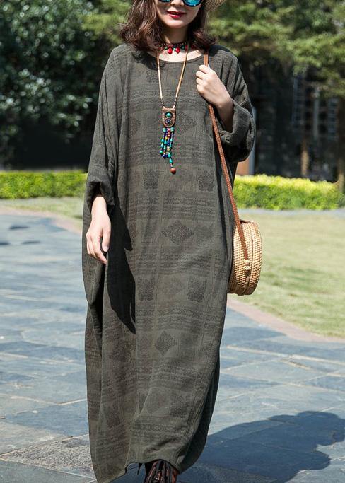French Gray Cotton Clothes for O Neck Large Hem Maxi Spring Dresses