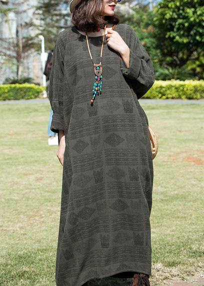 French Gray Cotton Clothes for O Neck Large Hem Maxi Spring Dresses
