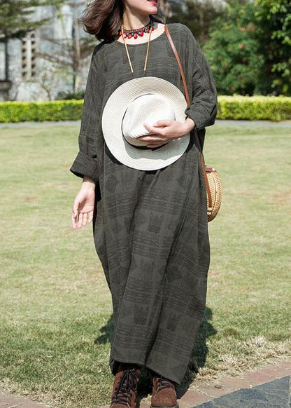 French Gray Cotton Clothes for O Neck Large Hem Maxi Spring Dresses