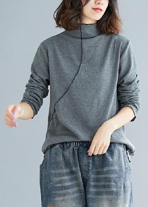 French Gray Cotton Tops Blouses High Neck Art Top