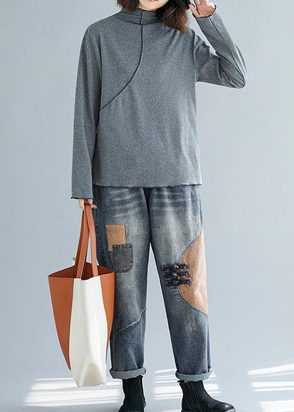 French gray cotton tops women blouses high neck Art top