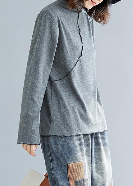 French gray cotton tops women blouses high neck Art top