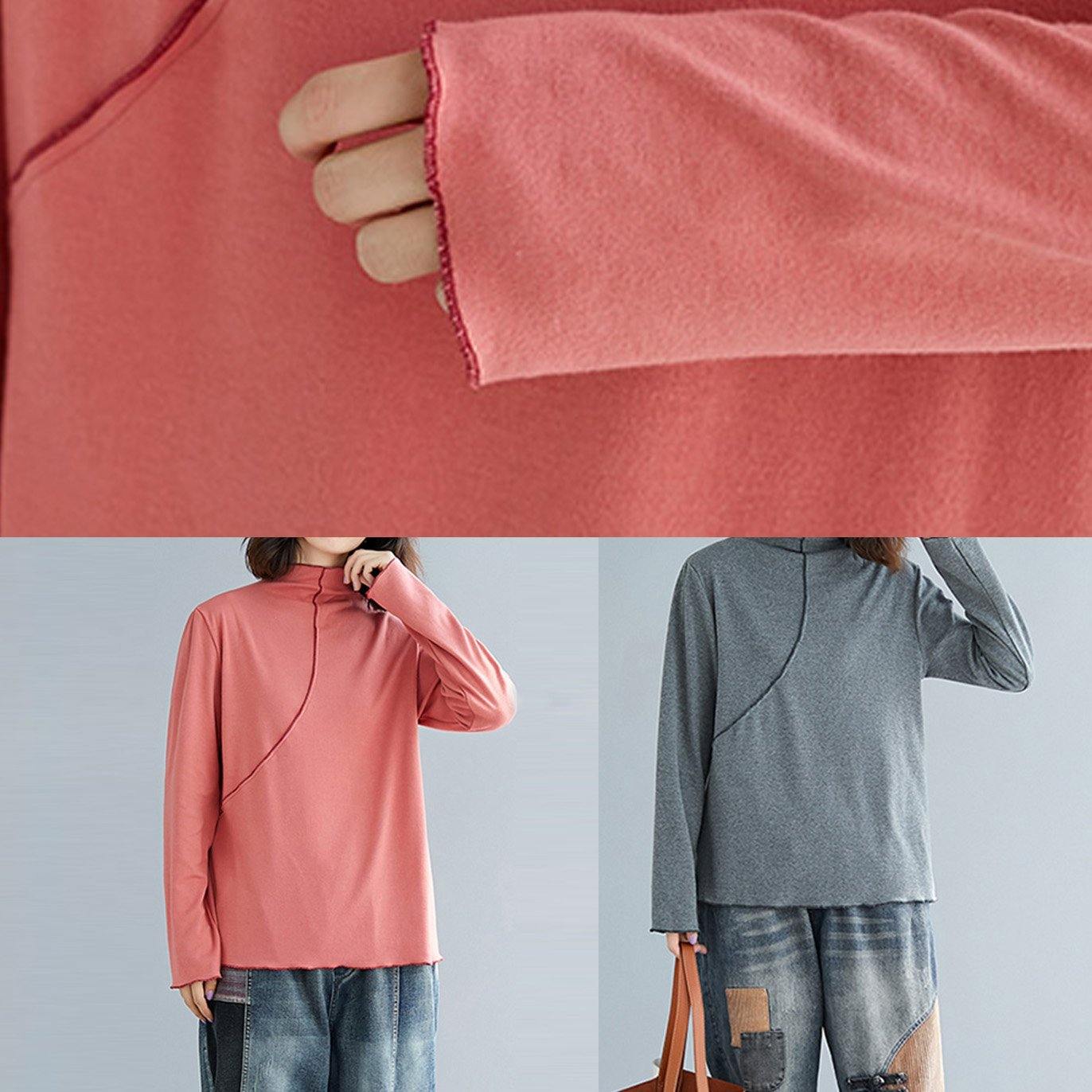 French gray cotton tops women blouses high neck Art top