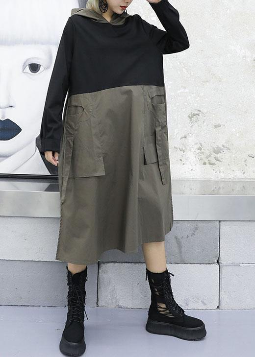 French Gray Green Patchwork Cotton Wardrobes Hooded Fall Dresses