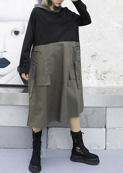 French Gray Green Patchwork Cotton Wardrobes Hooded Fall Dresses