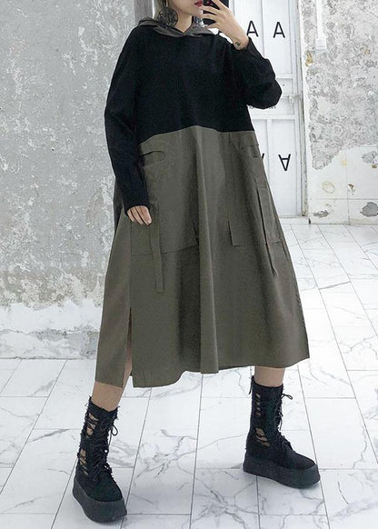 French Gray Green Patchwork Cotton Wardrobes Hooded Fall Dresses