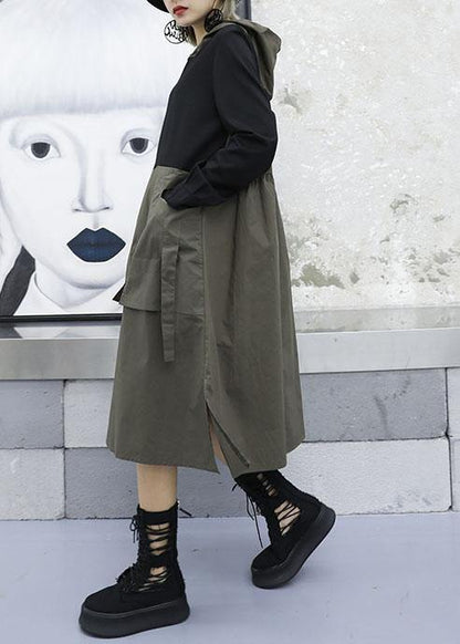 French Gray Green Patchwork Cotton Wardrobes Hooded Fall Dresses