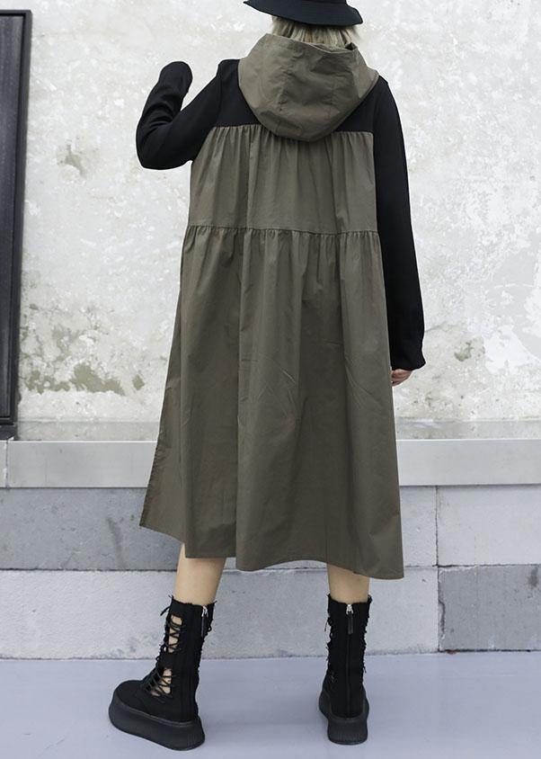 French Gray Green Patchwork Cotton Wardrobes Hooded Fall Dresses