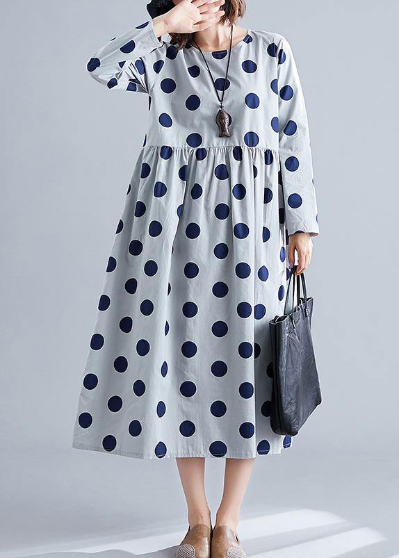 French Gray O Neck Chiffon Clothes for Dotted Traveling Fall Dress