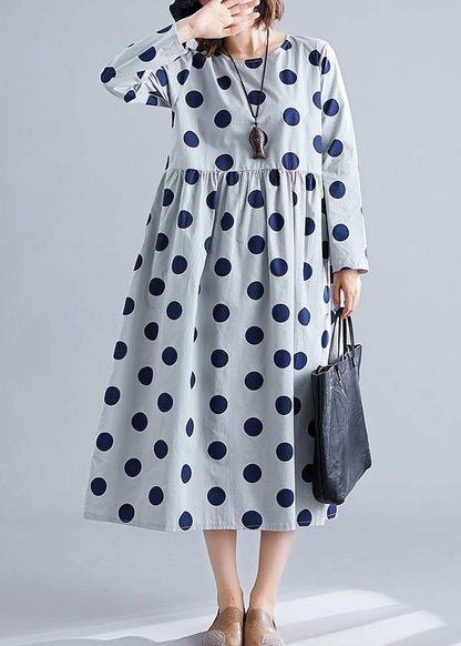 French Gray O Neck Chiffon Clothes for Dotted Traveling Fall Dress