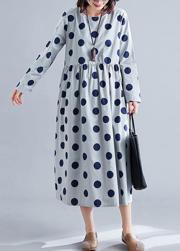 French Gray O Neck Chiffon Clothes for Dotted Traveling Fall Dress