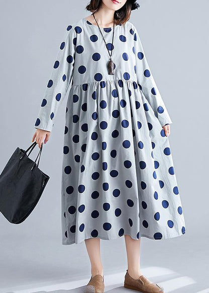 French Gray O Neck Chiffon Clothes for Dotted Traveling Fall Dress