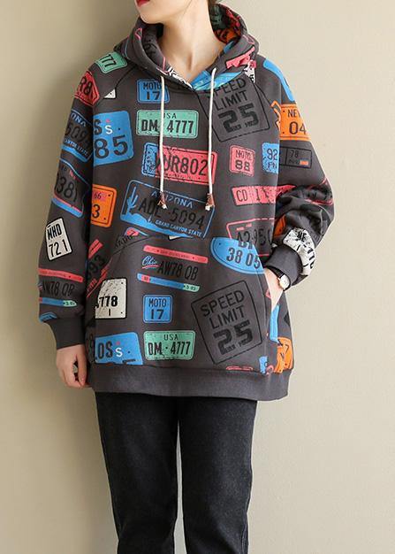 French Gray Prints Cotton Shirts Hooded Tunic Spring Blouses