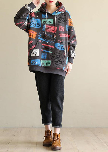 French gray prints cotton shirts hooded tunic spring blouses