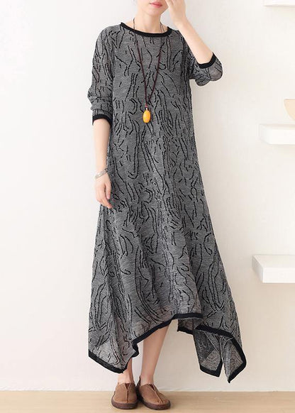 French Gray Striped Quilting Clothes O Neck Asymmetric Clothing Dress