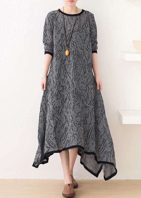 French Gray Striped Quilting Clothes O Neck Asymmetric Clothing Dress