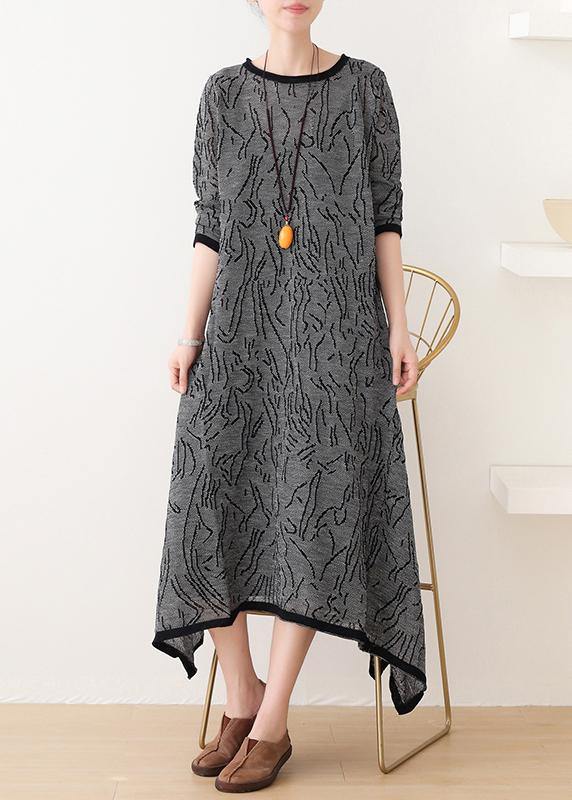 French Gray Striped Quilting Clothes O Neck Asymmetric Clothing Dress