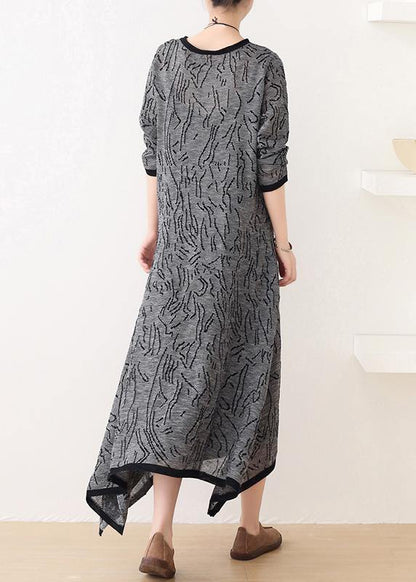 French Gray Striped Quilting Clothes O Neck Asymmetric Clothing Dress