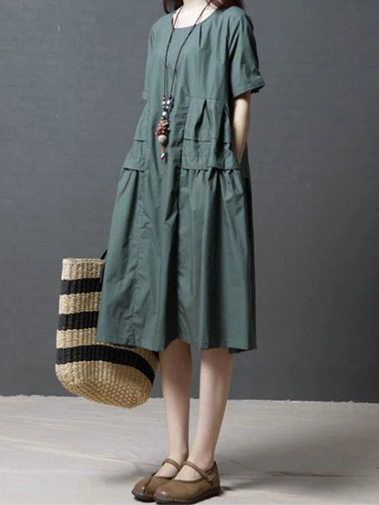 French Green Cotton Tunics O Neck Pockets Dresses