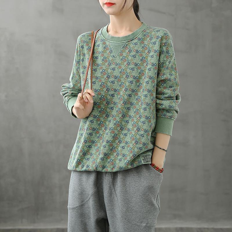French Green Plant Printing O Neck Box Tops
