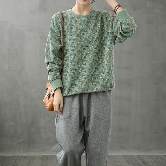 French Green Plant Printing O Neck Box Tops