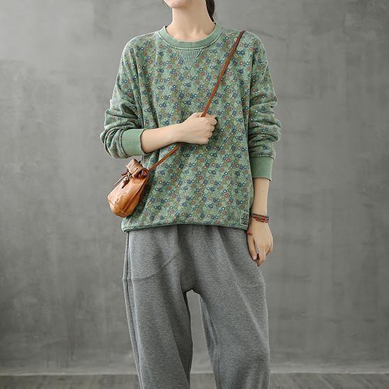 French Green Plant Printing O Neck Box Tops