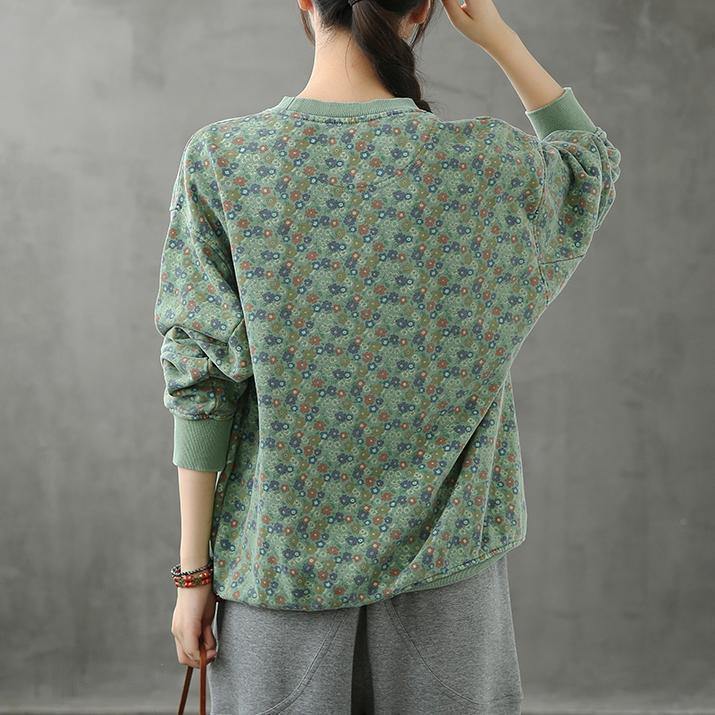 French Green Plant Printing O Neck Box Tops