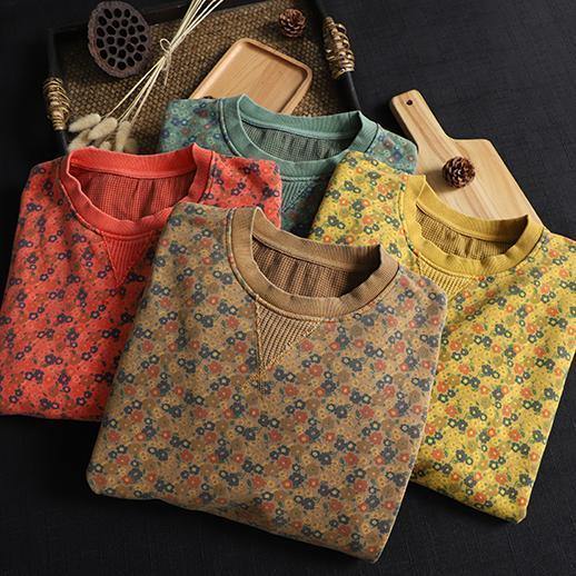 French Green Plant Printing O Neck Box Tops