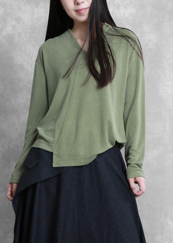 French Green Tunic V Neck Asymmetric Short Blouses