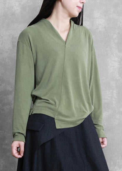 French green Tunic v neck asymmetric short blouses