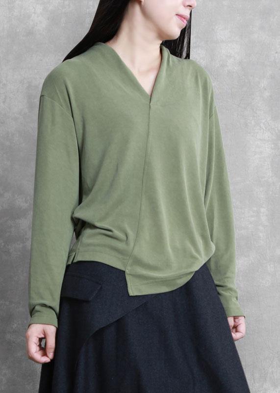 French Green Tunic V Neck Asymmetric Short Blouses