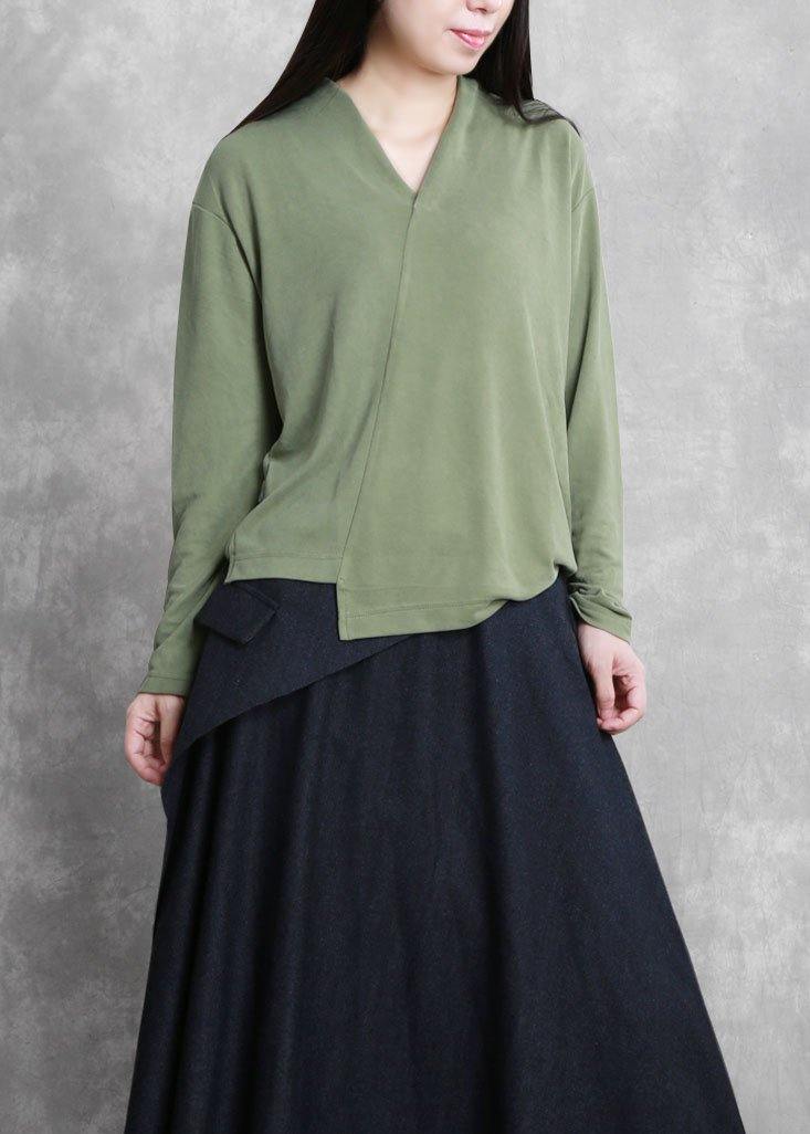 French Green Tunic V Neck Asymmetric Short Blouses