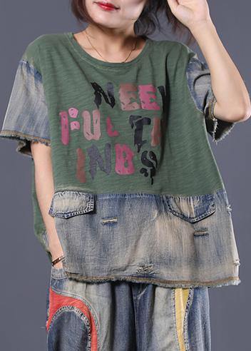 French Green Alphabet Prints Cotton Blouses for Patchwork Cotton Summer Blouses