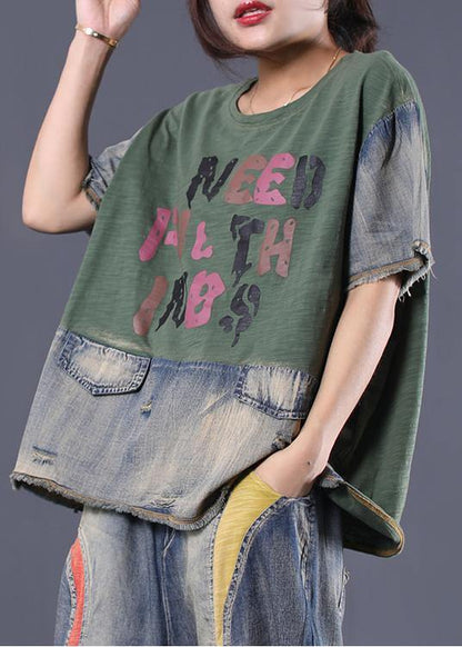 French Green Alphabet Prints Cotton Blouses for Patchwork Cotton Summer Blouses