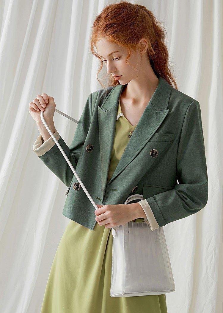 French Green Cotton Crane Double Breast Dresses Fall Blouses Coat