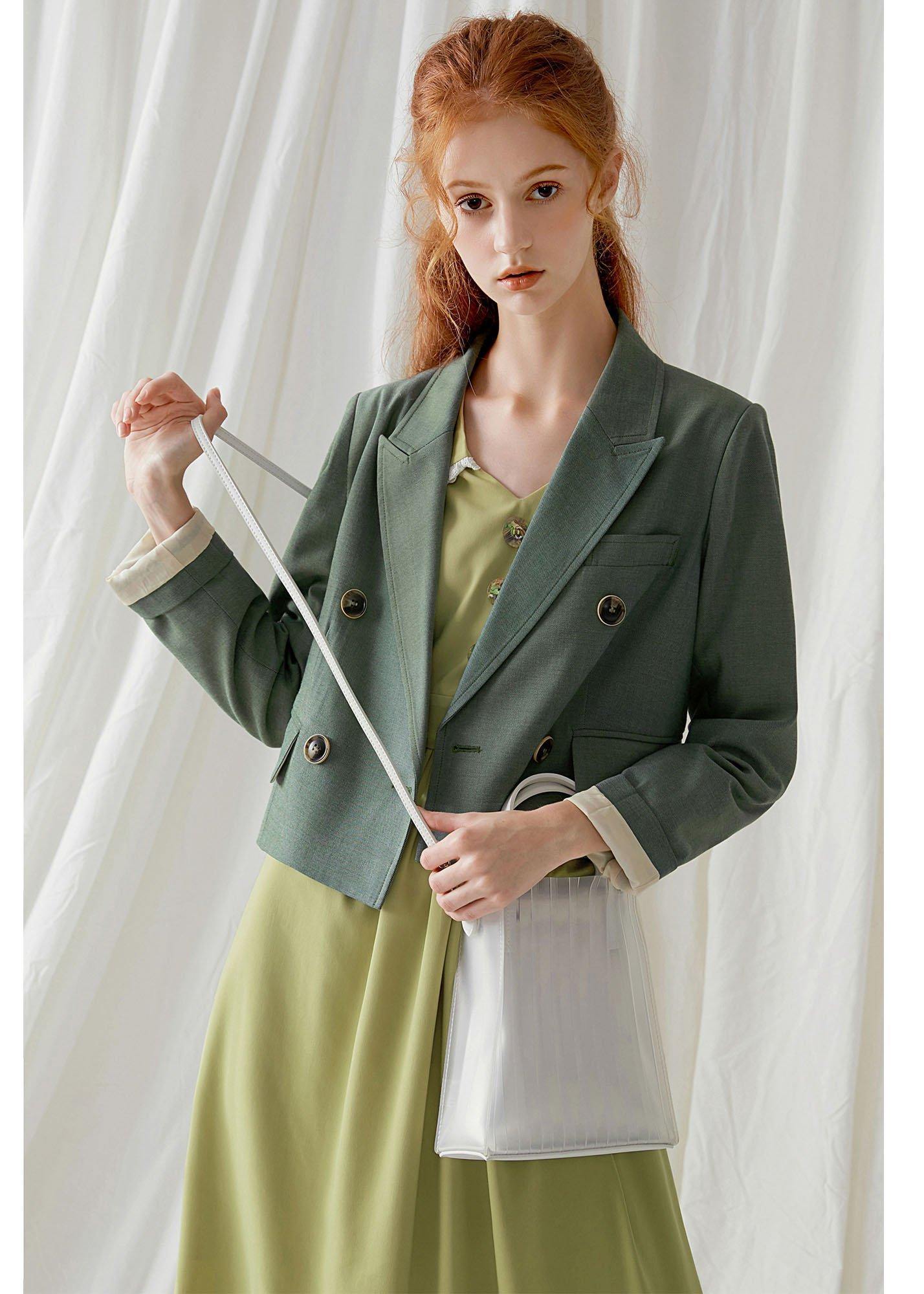 French Green Cotton Crane Double Breast Dresses Fall Blouses Coat