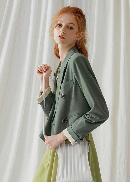 French Green Cotton Crane Double Breast Dresses Fall Blouses Coat