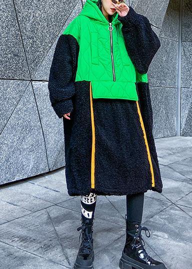 French Green Patchwork Clothes Hooded Zippered Robe Fall Dresses