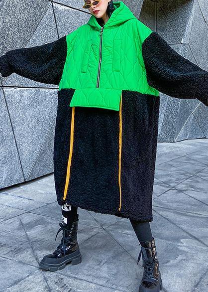 French Green Patchwork Clothes Hooded Zippered Robe Fall Dresses