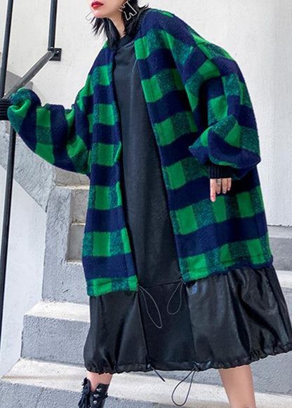 French Green Plaid Cotton Clothes Drawstring Patchwork Dress